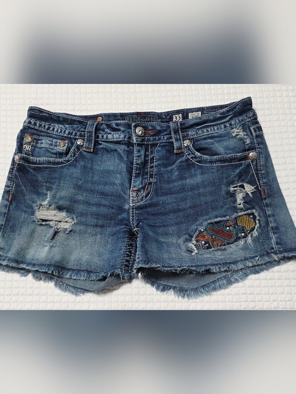 Miss Me Medium Blue Distressed  Women's Denim Shorts with Patch Detail
